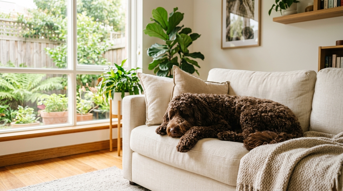 Australian Labradoodle standing by an empty food bowl in a kitchen early in the morning