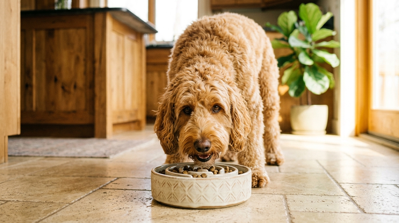 Caramel Goldendoodle eating kibble from a maze-patterned slow feeder bowl on a kitchen floor