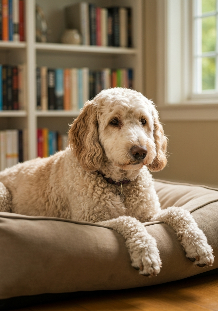 Curly-coated goldendoodle being bathed in a tub with soothing shampoo lather