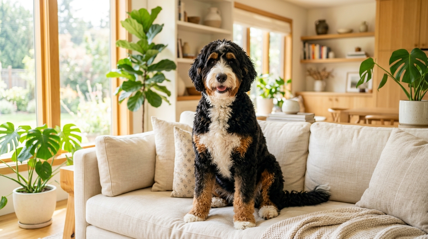 Bernedoodle lying on a kitchen floor beside a food bowl looking uncertain