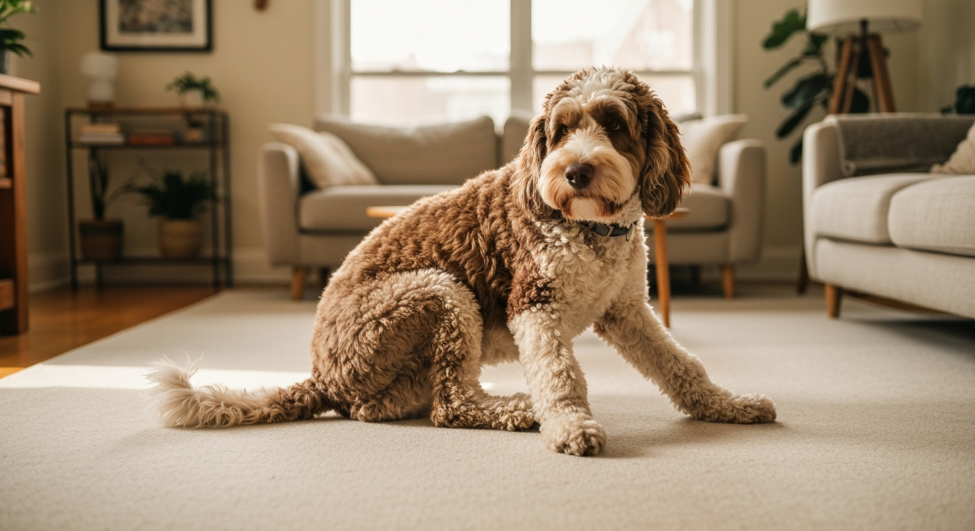 Freshly groomed goldendoodle scratching its neck with a hind paw on a grooming table