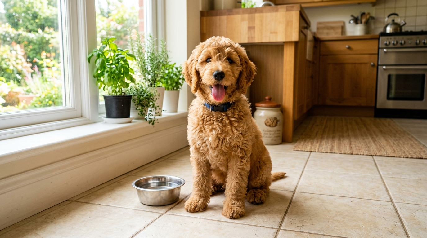 Australian Labradoodle puppy eating from a bowl in a bright kitchen