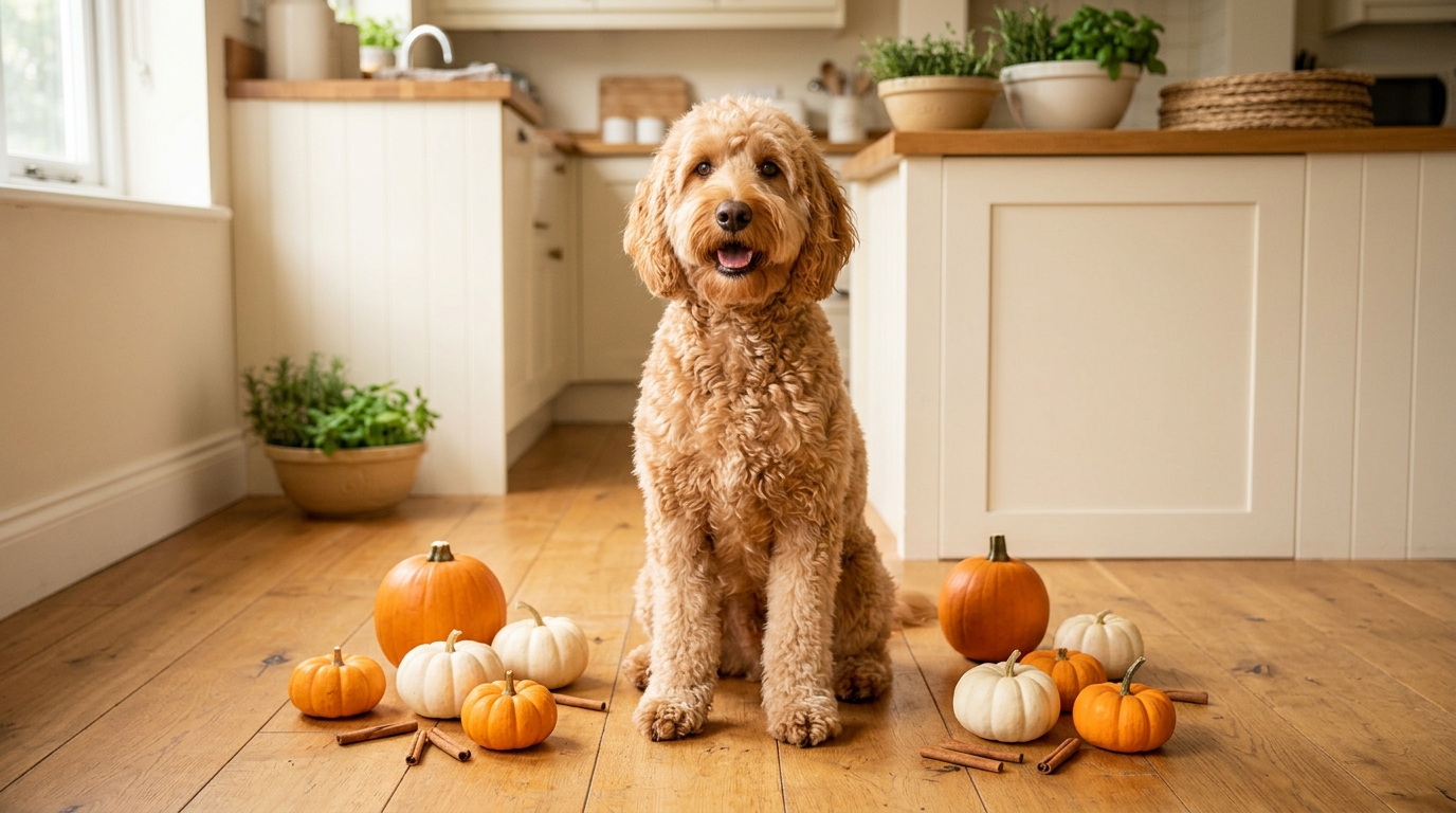 A standard Australian Labradoodle standing beside a bowl with a scoop of pumpkin fiber powder on a kitchen counter
