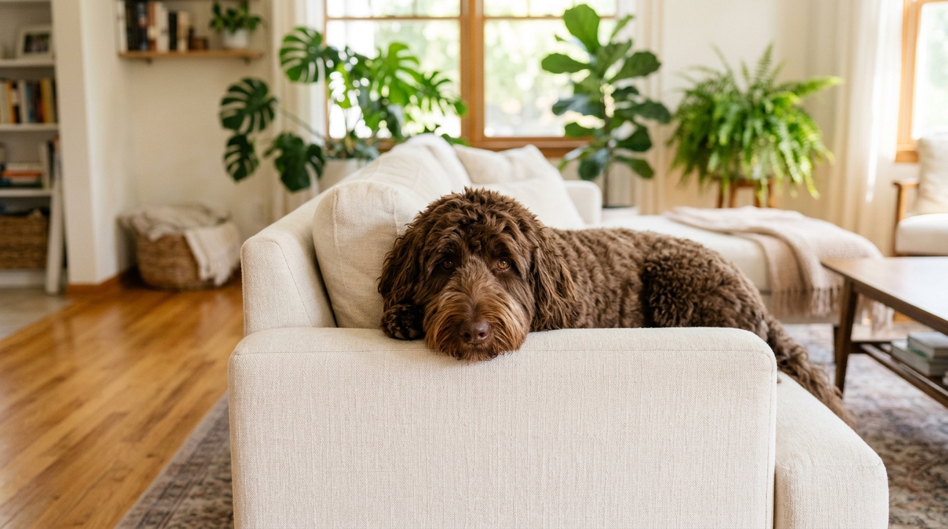 Australian Labradoodle standing on grass while an owner checks a stool sample in a park bag