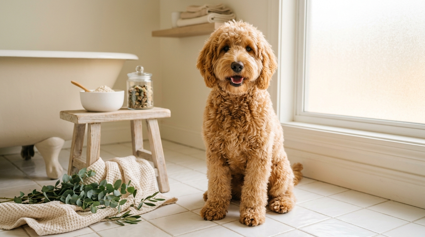 A curly wool Australian Labradoodle being lathered with conditioner in the bath