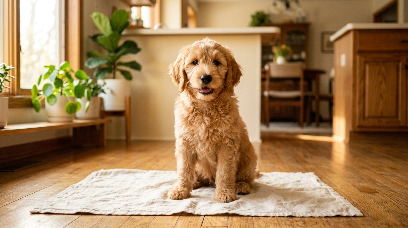 Fleece-coated Goldendoodle puppy being brushed on a grooming table mid coat change