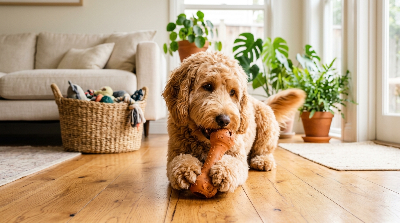 An Australian Labradoodle lying calmly at home chewing a frozen stuffable toy