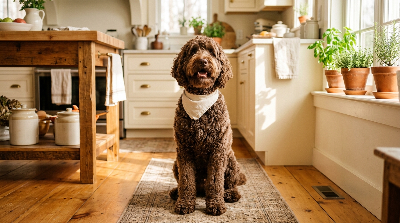Goldendoodle waiting by a food bowl with a digestive enzyme supplement scoop nearby